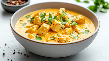 A vibrant bowl of creamy chicken curry garnished with fresh herbs, perfect for showcasing comfort food and culinary delights.