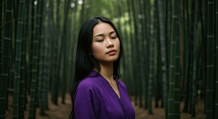Woman in purple robe, serene bamboo grove