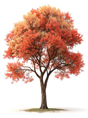 Isolated tree with vibrant orange and peach colored leaves on a white background in a studio shot