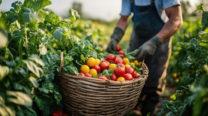 Handpicked crops field, baskets filled fresh vegetables fruits, rural workers harvesting manually, organic farming method focused on quality and labor-intensive precision