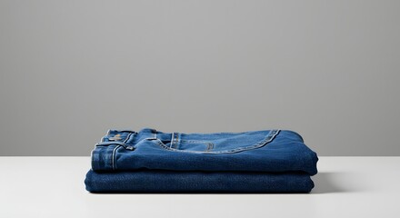 Stylishly Folded Blue Jeans on a White Surface