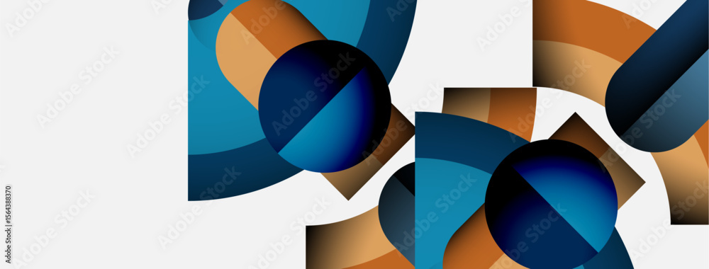 Poster abstract geometric shapes overlap, creating dynamic composition. blue, orange hues dominate white ba