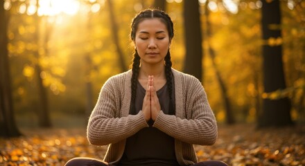 Woman meditating in autumn forest