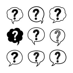 Question Mark Speech Bubbles Set. Hand-Drawn Doodle Style Icons for FAQ, Help, and Inquiry Concepts.