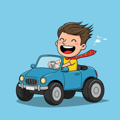 Fototapeta premium Happy cartoon child driving a blue car with red scarf flying, light blue background.