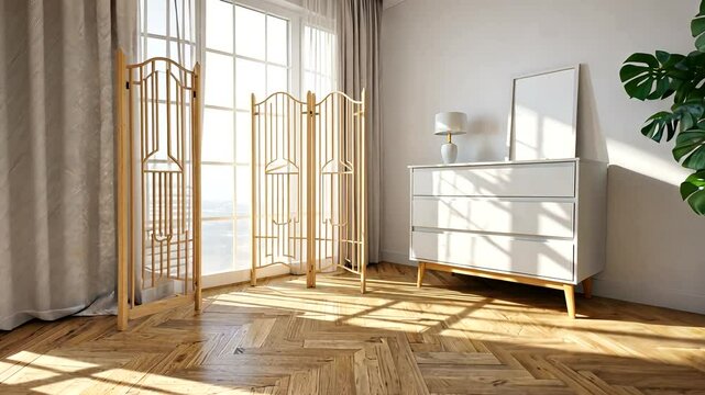Bright and airy interior of a modern living room featuring a dresser, a folding screen, and a plant
