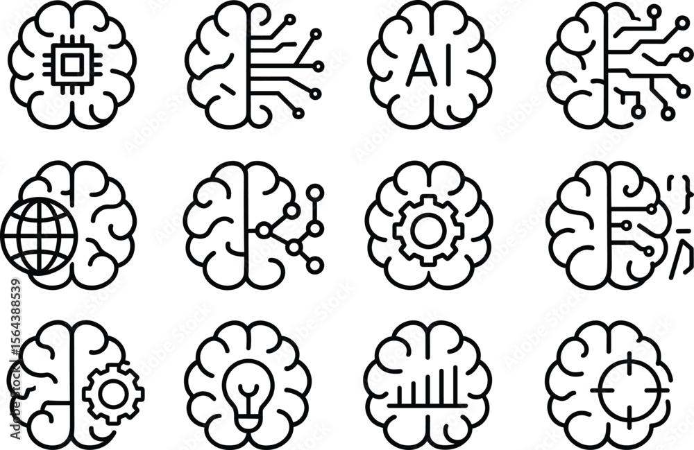Poster artificial intelligence brain icons set outline style, machine learning, neural network, and deep le