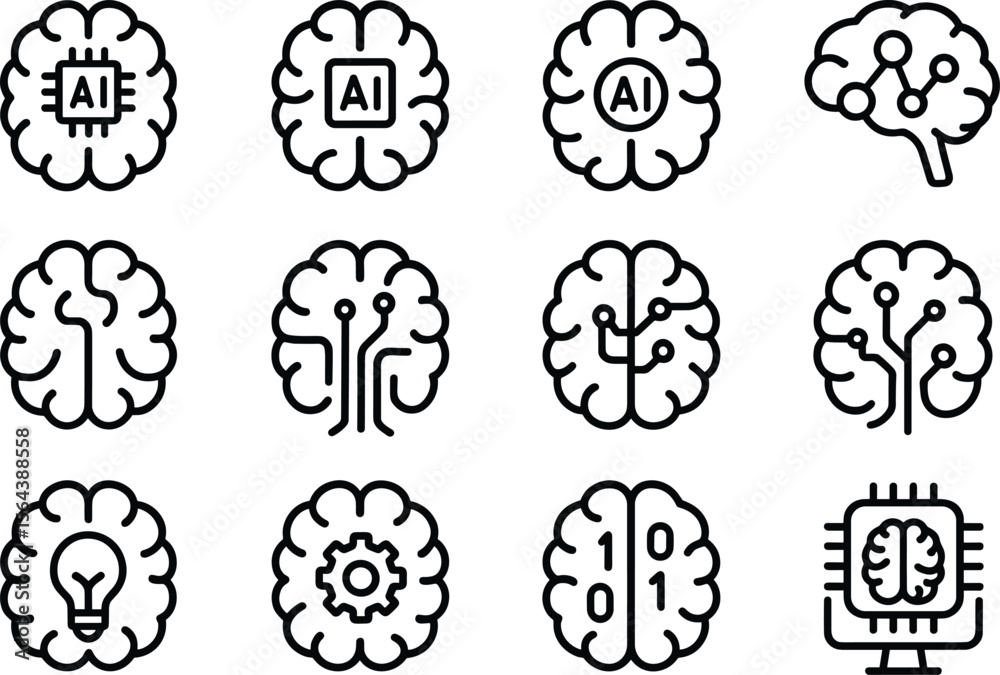 Poster artificial intelligence icons set outline style, machine learning, neural network, robotics, and aut