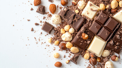 An assortment of chocolate bars and nuts, showcasing a delightful combination of textures and flavors on a clean background.