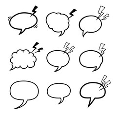 Vector set of hand-drawn comic speech bubbles and thought balloons with lightning bolt symbols. Cartoon style design elements.