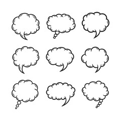Hand-drawn comic speech and thought bubbles set. Empty cartoon dialogue boxes with sketchy outlines for text.