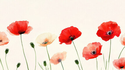 Delicate watercolor poppies in vibrant red and soft peach hues create serene and artistic floral display