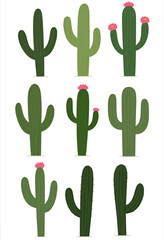A simple flat design collection of various Saguaro cactus illustrations, some with pink flowers, perfect for creating desert landscapes or modern botanical patterns.

