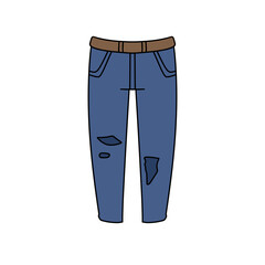 A pair of blue jeans with a brown belt