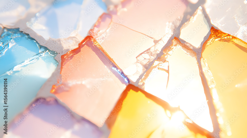 Poster Close-up of colorful, fragmented glass pieces reflecting light, creating an abstract and vibrant visual texture.