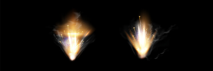 Gun flashes with smoke and fire sparkles. Pistol shots clouds, muzzle shotgun explosion. Blast motion, weapon bullets trails isolated on black background.