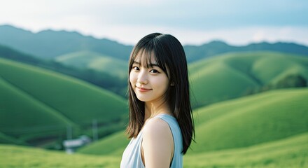 Woman smiles at rolling hills