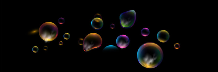 Set of realistic transparent colorful soap bubbles with rainbow reflection isolated on checkered background. Vector texture.