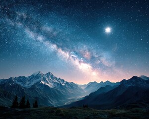 Majestic mountain vista under a starry night sky