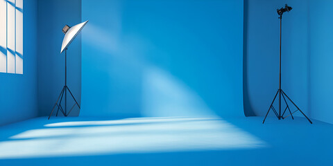 Professional Photography Studio with Blue Backdrop and Lighting