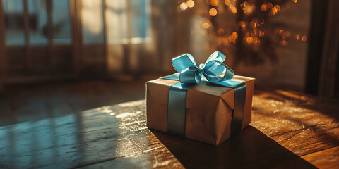 Gift Box with Blue Ribbon on Wooden Table in Warm Light