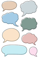 Fototapeta premium A charming collection of hand-drawn speech bubbles in various soft pastel colors, a perfect set of blank text boxes for cute comics, chats, and friendly dialogue. 