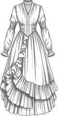 Elegant Vintage Dress Sketch with Puffed Sleeves and Ruffled Layers, Fashion Illustration