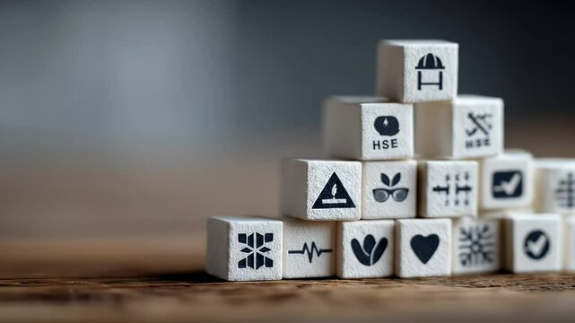 Arrangement of Safety and Hazard Symbol Blocks Stacked on Wooden Surface with Detailed Icons Including Construction and Health Symbols