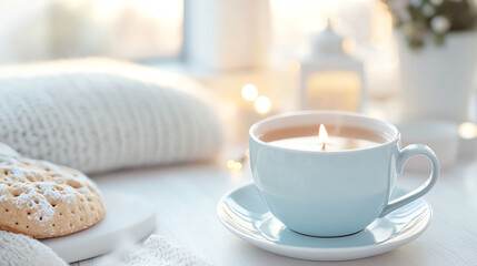 Cozy atmosphere with a steaming cup of tea and a cookie, perfect for relaxation and comfort during winter evenings.