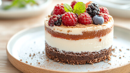 Decadent layered dessert featuring chocolate, cream, and fresh berries, perfect for any celebration or indulgence.