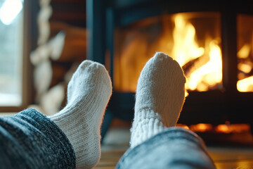 Cozy feet in warm cabin socks by crackling fire create relaxing atmosphere. Perfect for winter comfort and warmth