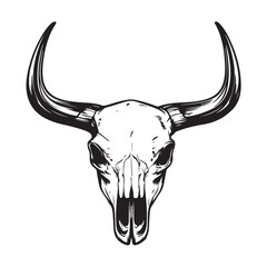 Black and white illustration of a bull skull with large horns. Vector illustration 