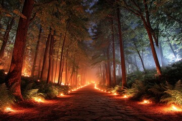Mystical forest path at night