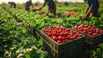 Harvesting packing fresh vegetables, workers organizing produce into crates, clean field operation showing rural supply chain, efficiency during peak agricultural cycle