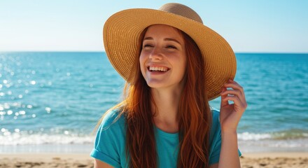 Woman wearing straw hat on beach