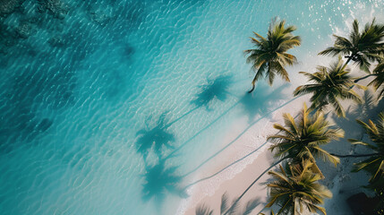 Aerial view of palm trees casting shadows on a tropical beach with turquoise water and white sand