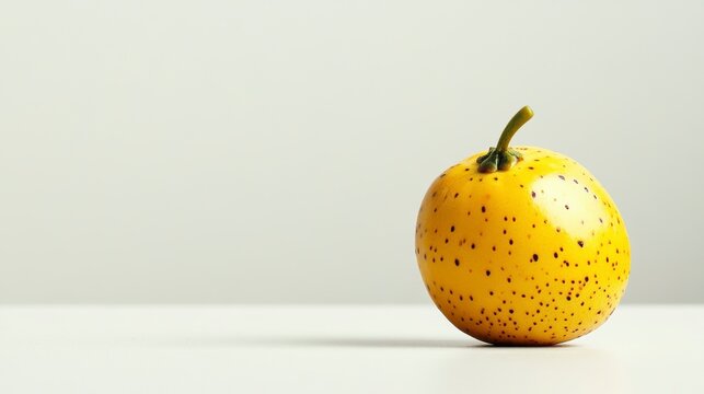 Close-up of a single, speckled yellow fruit on a white surface against a light grey background.