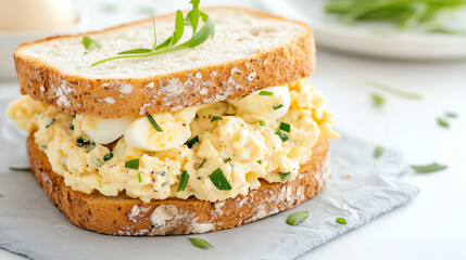Delicious egg salad sandwich on rustic bread, garnished with herbs, perfect for a healthy lunch or snack.