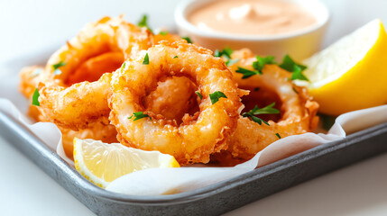 Naklejka na ściany i meble Delicious golden fried calamari served with lemon wedges and a spicy dipping sauce, perfect for any seafood lover's meal.
