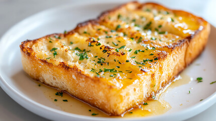 Delicious golden toast topped with melted cheese and fresh herbs, served on a clean white plate, perfect for breakfast or brunch.