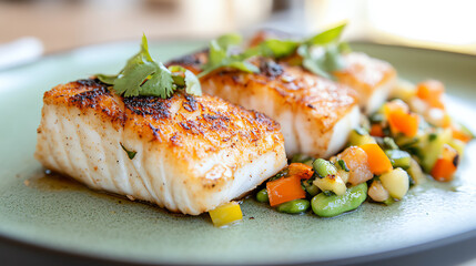 Delicious grilled fish served with vibrant vegetable medley, perfect for healthy dining or gourmet cooking inspiration.