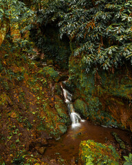 A stream of water flows down a rocky hillside. The water is brown and murky, and the rocks are...