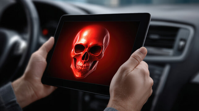 A person holds a tablet displaying a glowing red skull inside a car interior, suggesting a digital or cybersecurity threat. - Powered by Adobe