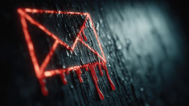 A glowing red envelope icon appears to drip like blood on a dark textured surface, evoking themes of cybercrime or hacking.