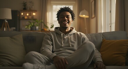 A handsome young African American man wearing a cozy hoodie laughs while sitting on a sofa in his stylish living room, looking directly at the camera with joy.