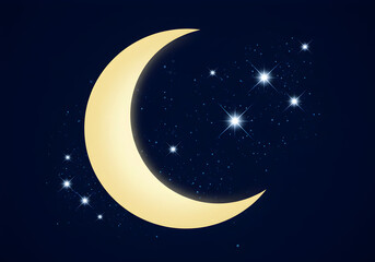 Naklejka premium Crescent Moon and Sparkling Stars on Dark Blue Night Sky | Celestial Illustration for Children's Books, Dreamy Backgrounds, and Calming Visuals