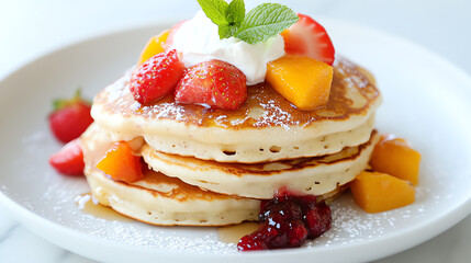 Delicious pancakes topped with fresh fruits and whipped cream, ideal for breakfast or brunch. A tempting treat for food lovers.