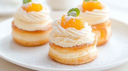 Delicious pastry desserts topped with cream and fruit, perfect for celebrations and sweet cravings.
