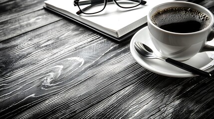 Still life with aromatic coffee, open notebook and glasses on a textured wooden surface invoking