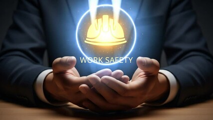 Man in suit holding glowing hard hat with work safety text in cupped hands for protection concept - Powered by Adobe